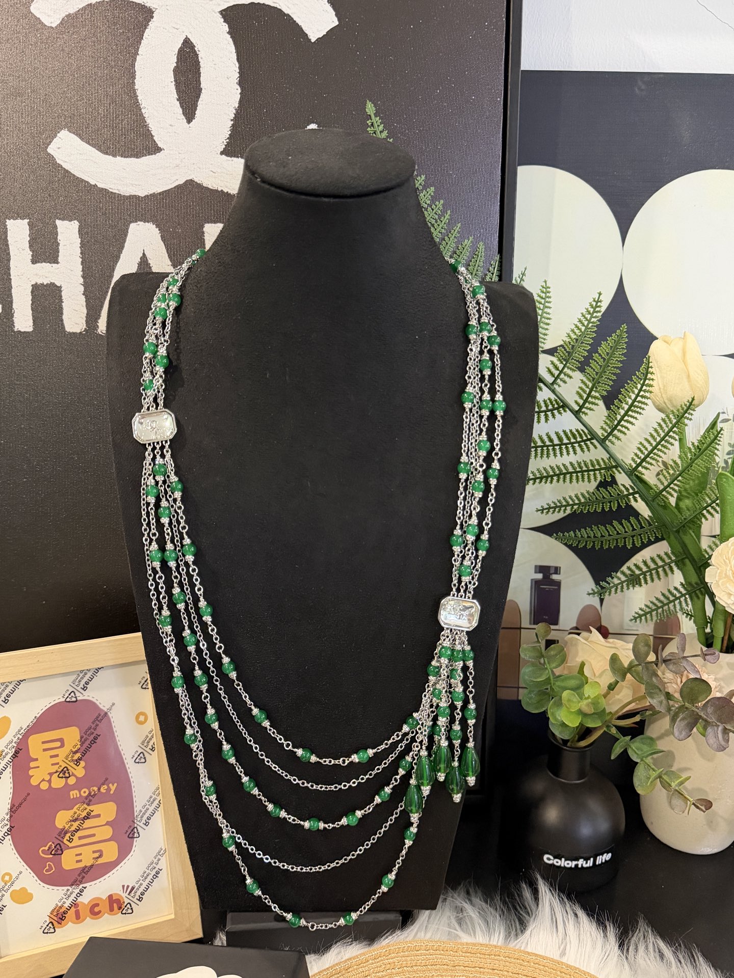 Chanel Emerald Fringe Layered Rhinestone Chain Necklace
