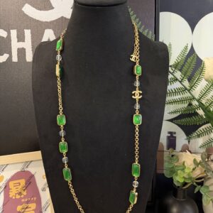 CHANEL Vintage Gold Emerald Square Glass Necklace