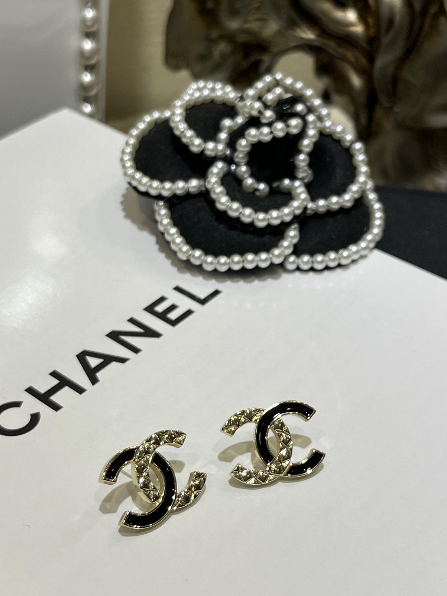 Chanel 25B Black Enamel Earrings