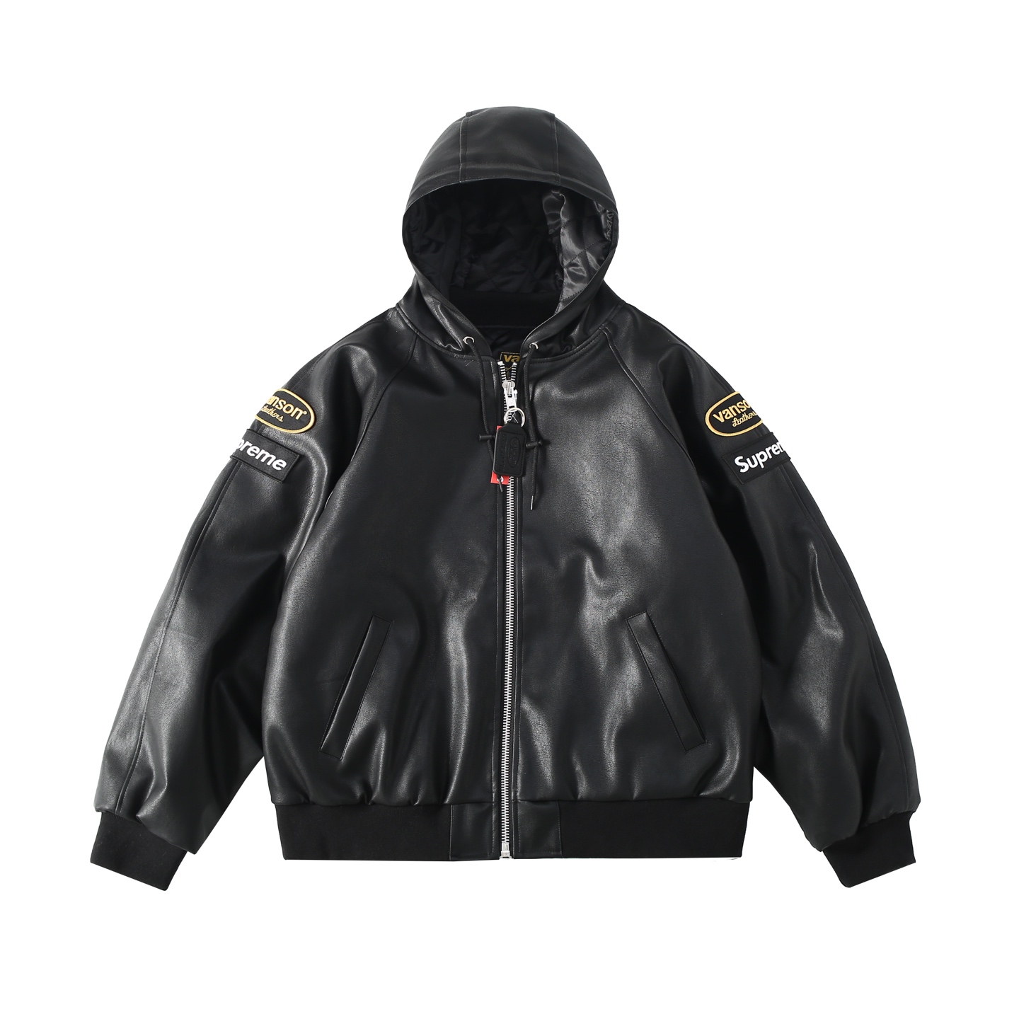Supreme x Vanson Leather FW24 Jacket Logo Embroidered Patch Zipper Hooded Leather Jacket Coat