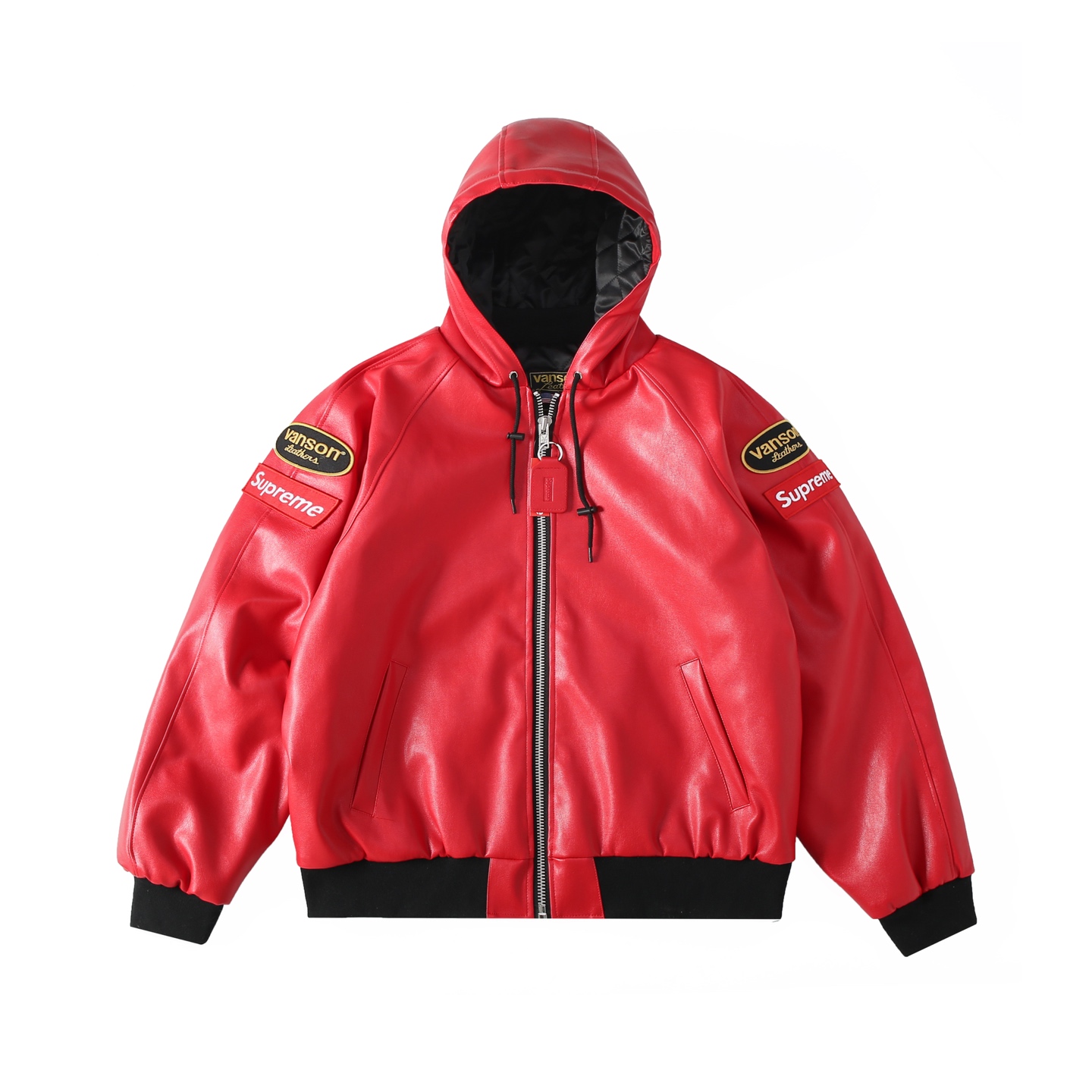 Supreme x Vanson Leather FW24 Jacket Logo Embroidered Patch Zipper Hooded Leather Jacket Coat